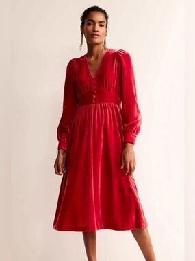 NWT Boden Elise Red Velvet V Neck Midi Dress Long Sleeve Size 6